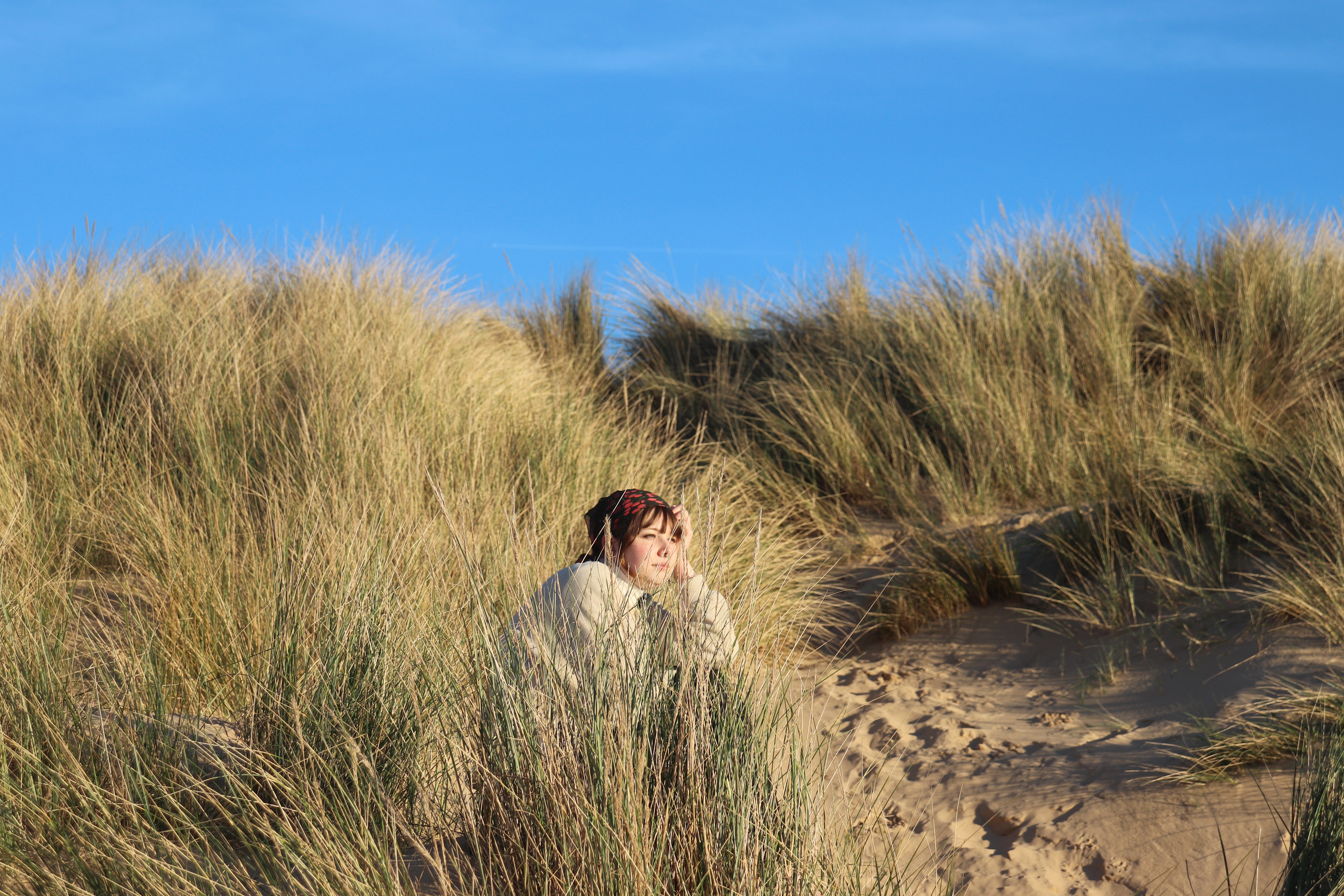 Peron sitting in a grassy sanddune
